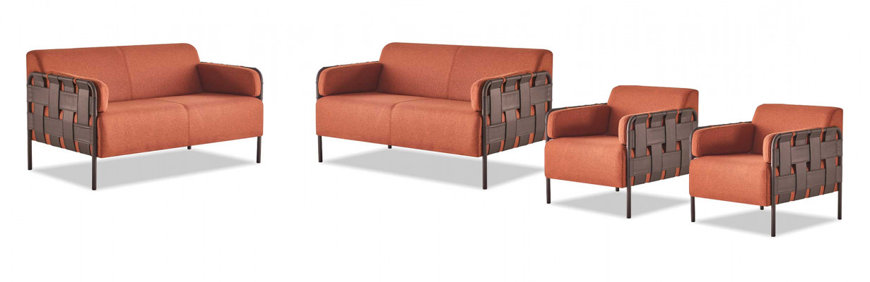 Sofa-Set 2-Sitzer 2x Sessel Orange Modern Textil Edelstahl Sofagarnituren