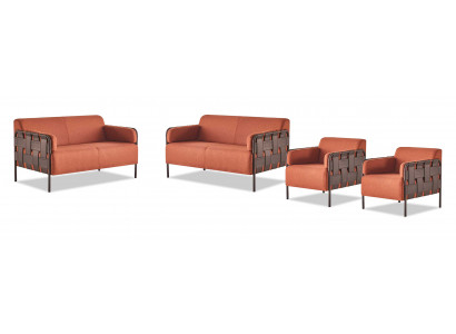 Sofa-Set 2-Sitzer 2x Sessel Orange Modern Textil Edelstahl Sofagarnituren