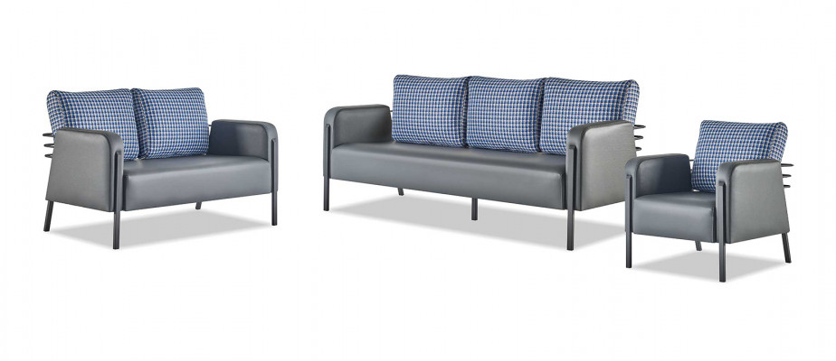 Moderner Sofa-Set 3-Sitzer 2-Sitzer Sessel Blau Grau Leder Edelstahl