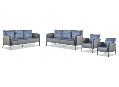 Sofas Polster Edelstahl Ledersofa-Set 3-Sitzer Sessel Grau Blau Textil