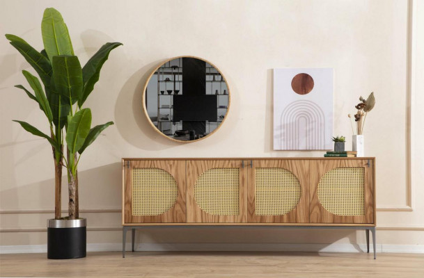 Esszimmer Set Holz Esstisch Garnitur Tisch Sideboard Spiegel 4x Stühle 7tlg.