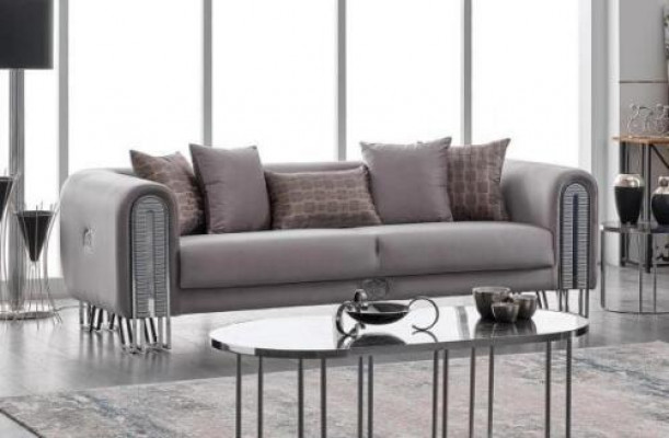 Samt Couch Silber Luxus Sofagarnitur 3+3 Sitzer Couchen Sofa 2tlg.